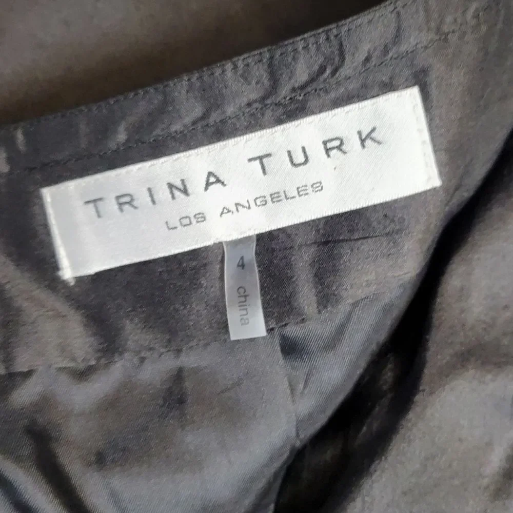 Trina Turk Silk Crepe Black A-Line Pleated Midi Skirt Bow Ties Waist Pockets